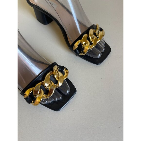 Steven New York Leona Black Leather Slip On Block Heel Square Toe Sandals Heels - Picture 8 of 9